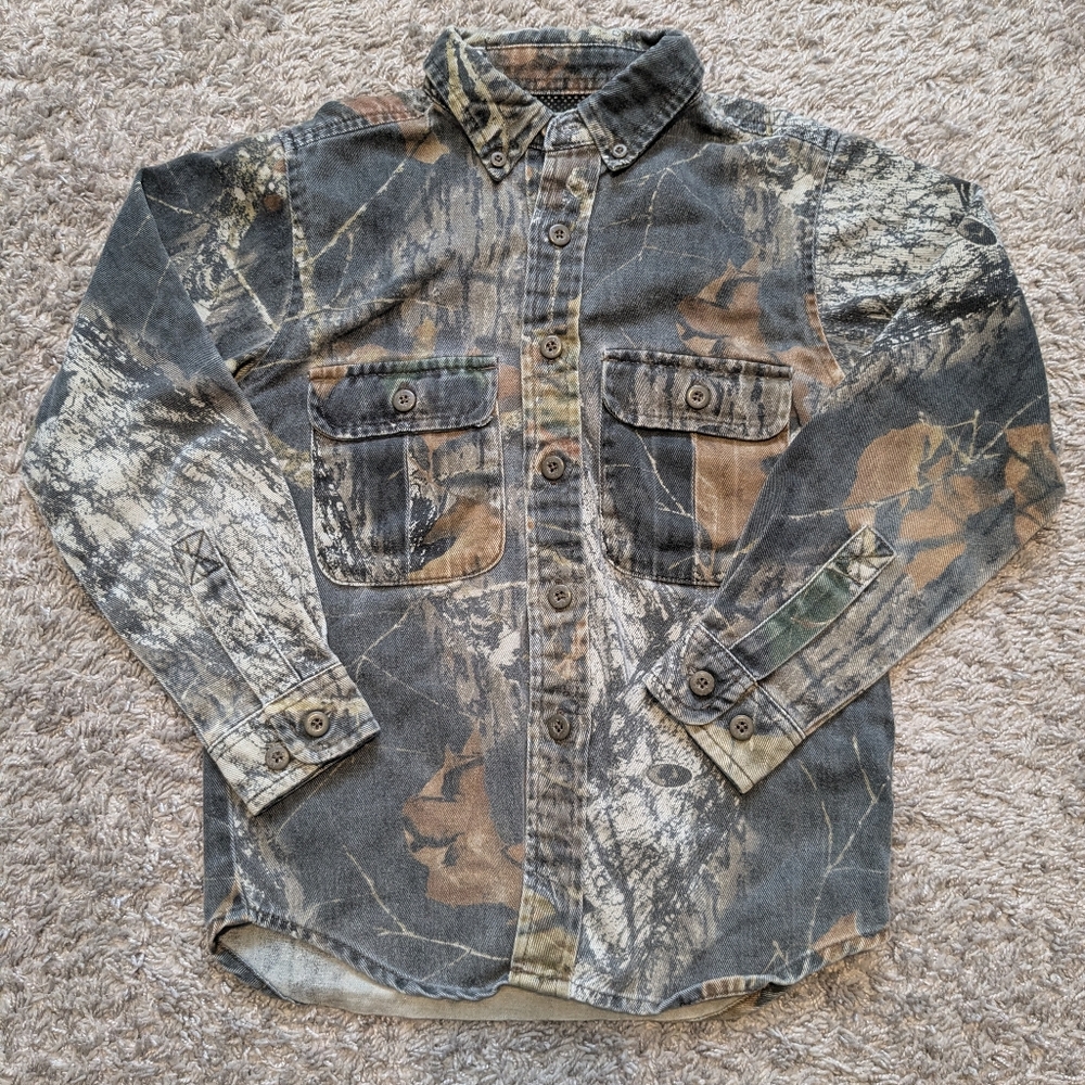Youth FieldStaff Long Sleeve Camouflage Button Up Cotton Twill Shirt Size Medium